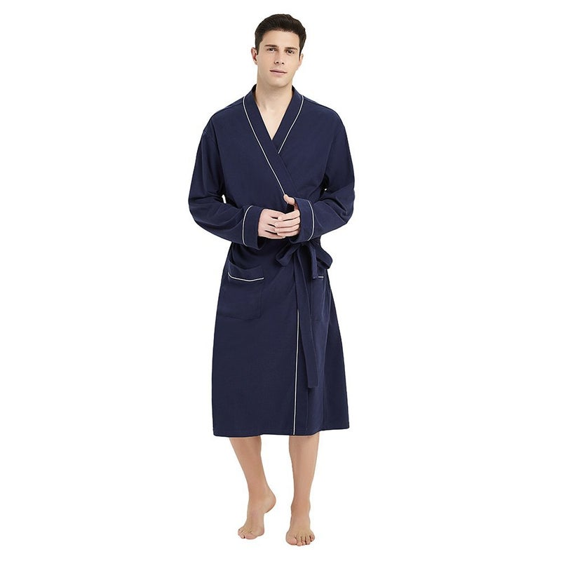 U2SKIIN Mens 100% Cotton Robe Lightweight Knit Bathrobe(Navy Blue, L/XL) - Image 1
